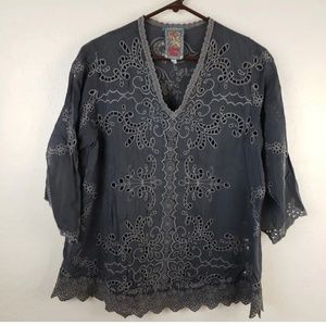 Johnny Was Blouse Women Size Relaxed XS Gray Embroidery V-Neck Pullover Top